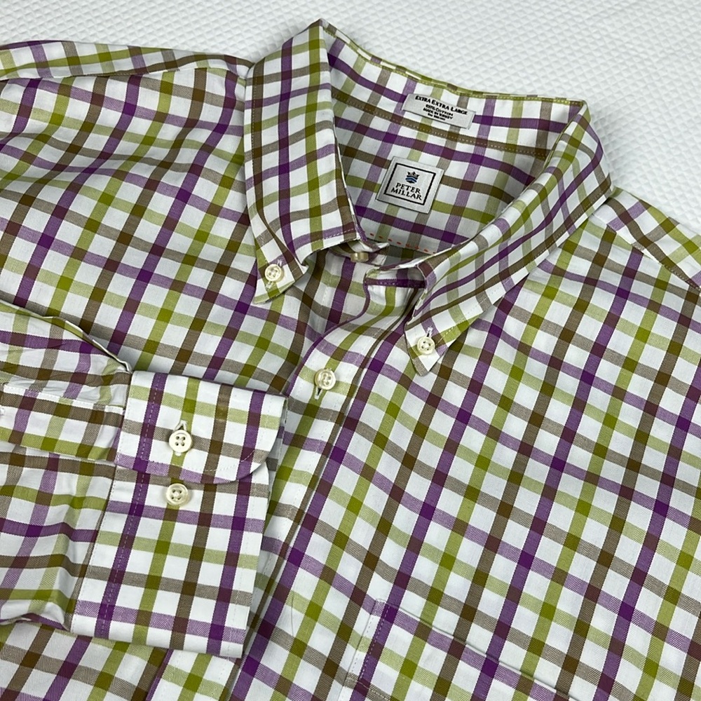 Peter Millar EUC Button Down Shirt‎ Men's XXL Purple Green Plaid Cotton LS